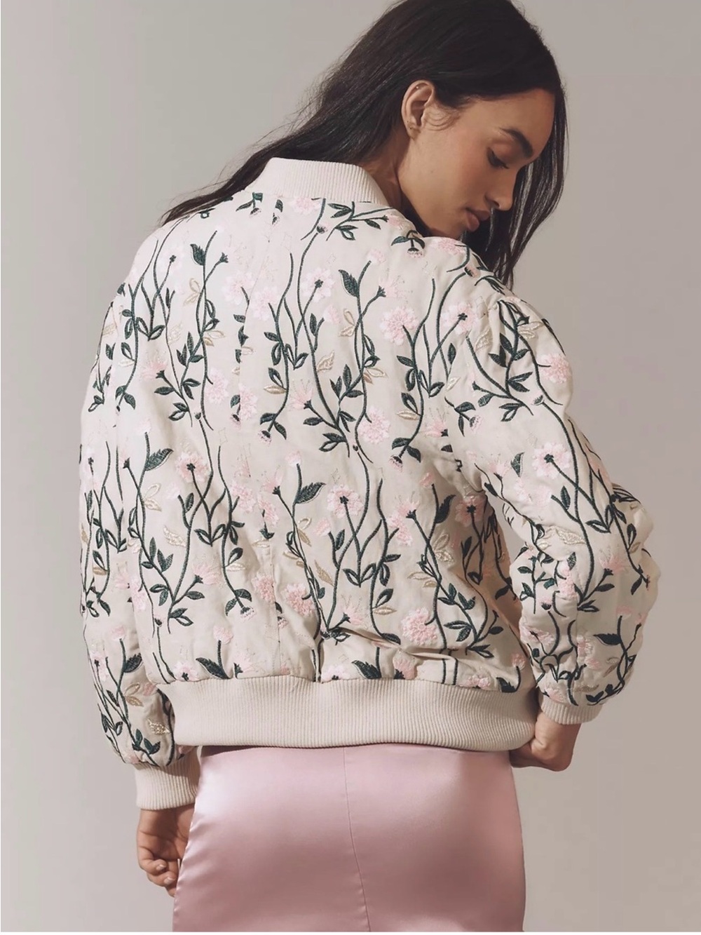 Avec Les Filles cotton Beige Bomber Jacket with Pink Floral Embroidery - Picture 7 of 7